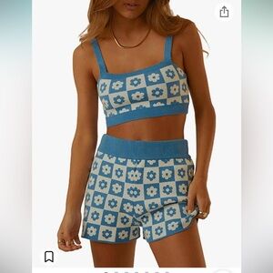 Two-Piece Knitted Blue Floral Tank Top/ Short Sets